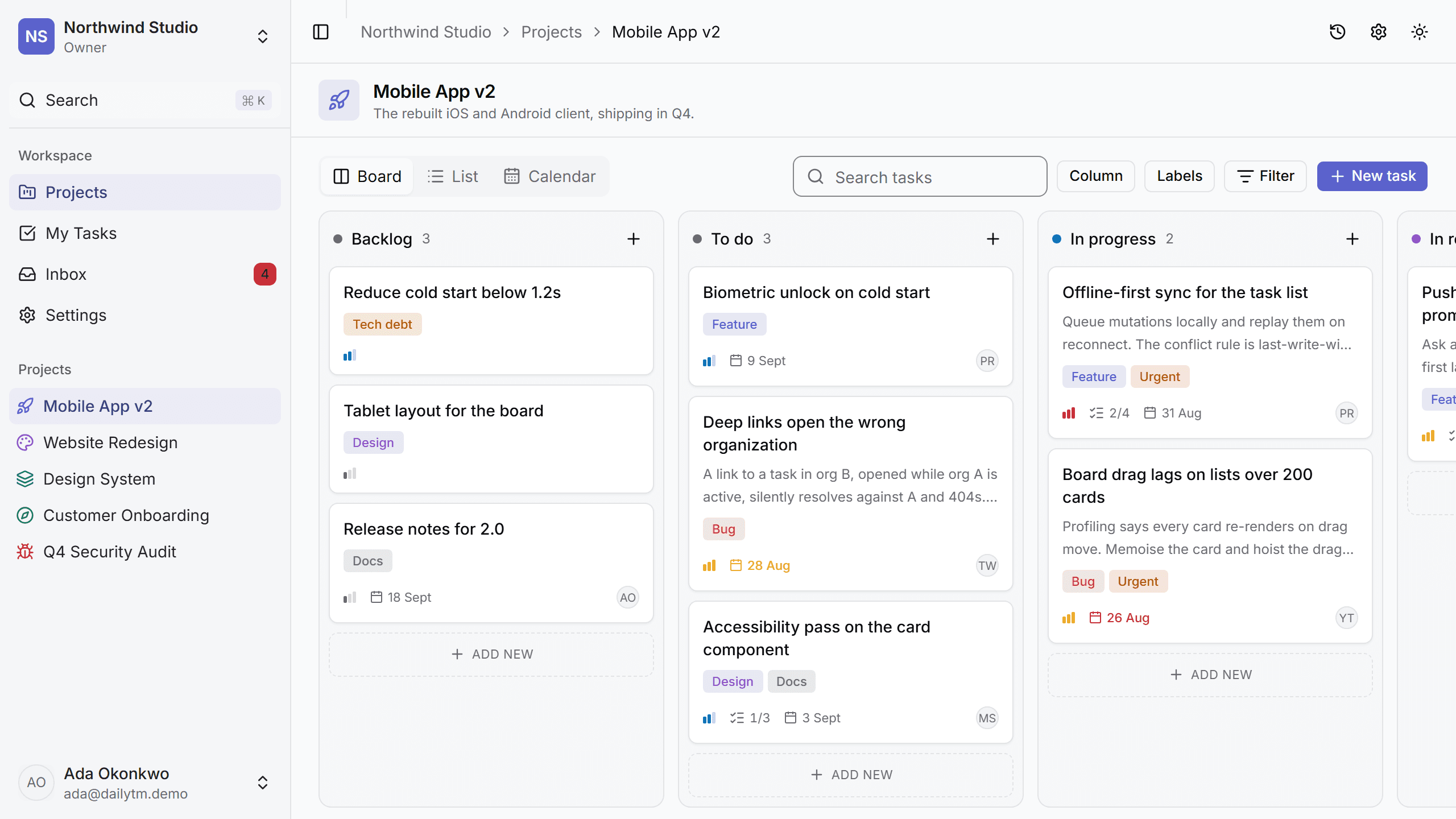 The DailyTM project board: five configurable columns of task cards showing assignees, labels, priorities, due dates, and subtask counts.