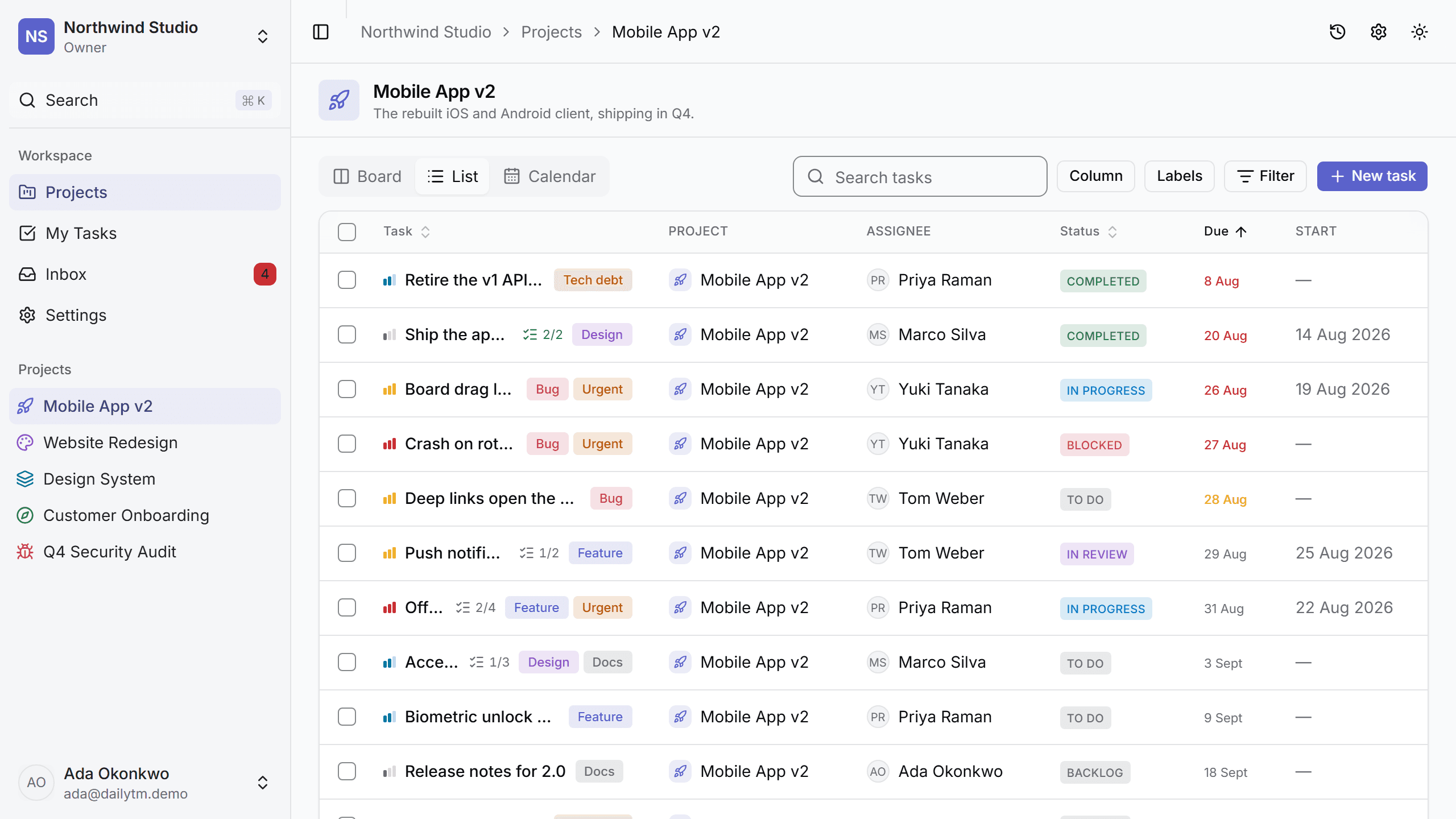 The list view: a dense sortable table of tasks with status, assignee, priority, labels, and due date columns.