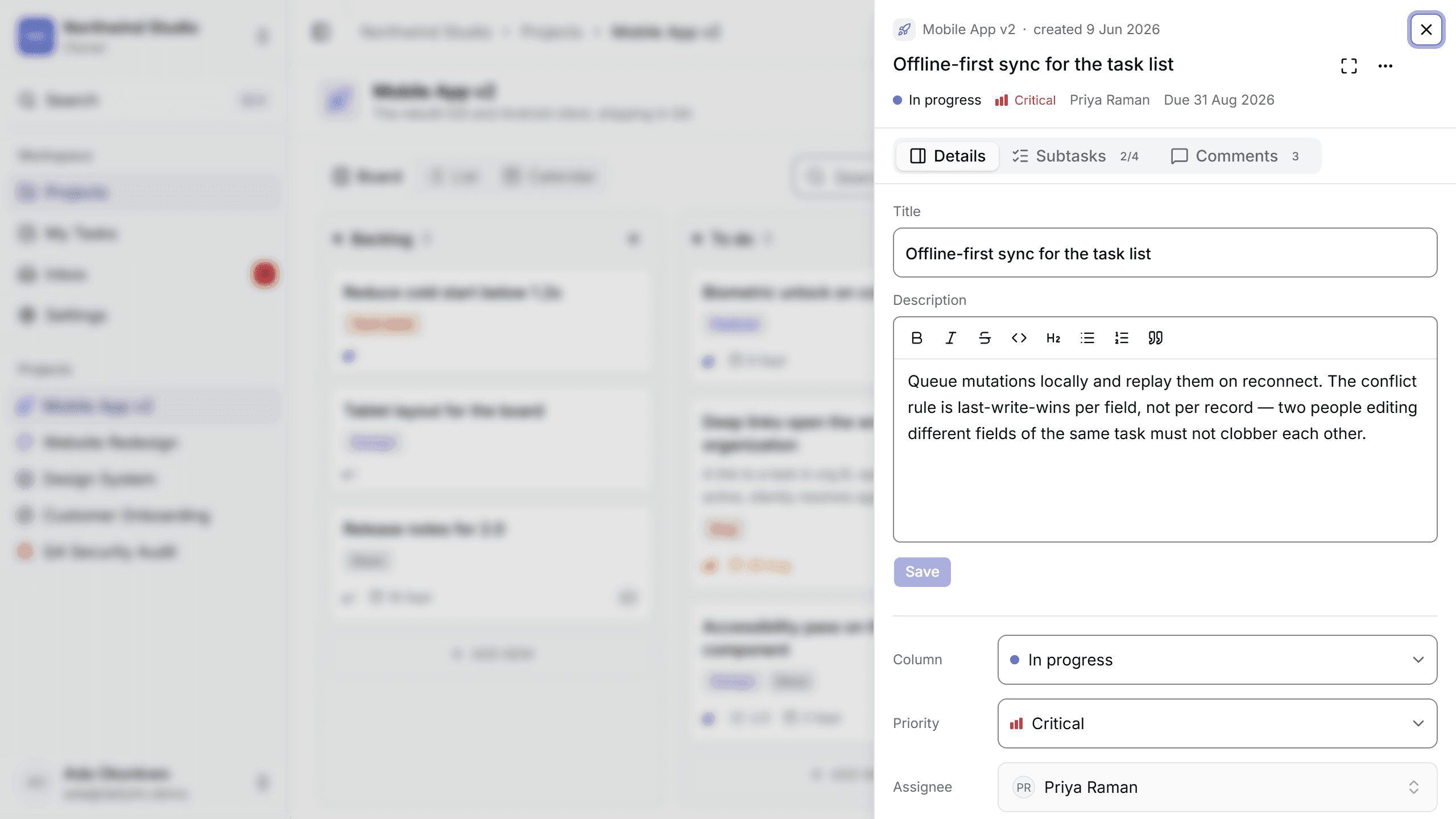 The task details panel open beside the board: title, a rich-text description, tabs for Details, Subtasks showing two of four done, and three Comments, with column, priority, and assignee below.